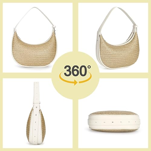 Borsa a tracolla in paglia da donna, borsa a mano intrecciata da spiaggia, borsa estiva chic a mezzaluna con tracolla regolabile