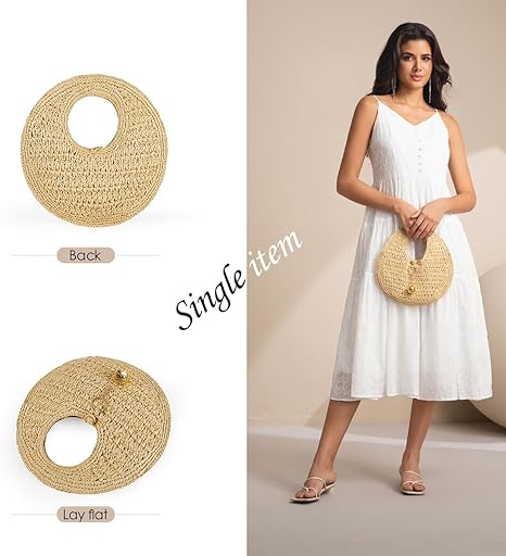 Borsa da spiaggia in paglia intrecciata per donna, borsa rotonda in rafia fatta a mano, borsa tote estiva boho chic, borsa a mano grande rotonda