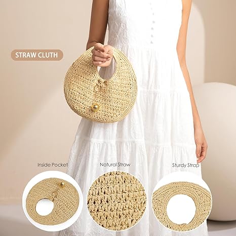 Borsa da spiaggia in paglia intrecciata per donna, borsa rotonda in rafia fatta a mano, borsa tote estiva boho chic, borsa a mano grande rotonda