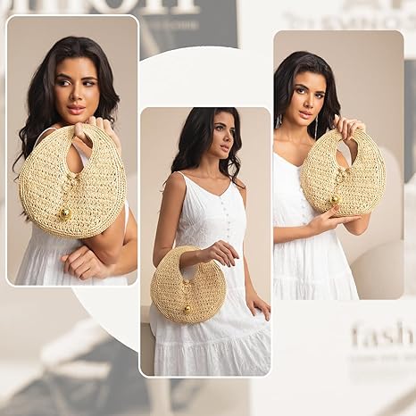 Borsa da spiaggia in paglia intrecciata per donna, borsa rotonda in rafia fatta a mano, borsa tote estiva boho chic, borsa a mano grande rotonda