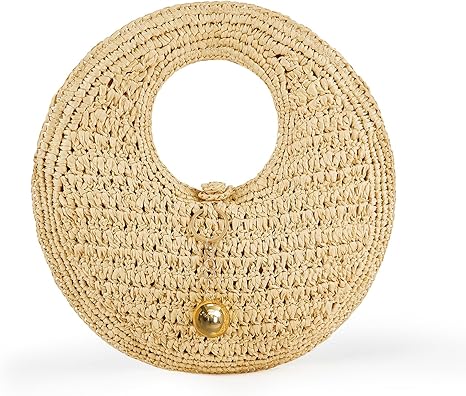 Borsa da spiaggia in paglia intrecciata per donna, borsa rotonda in rafia fatta a mano, borsa tote estiva boho chic, borsa a mano grande rotonda