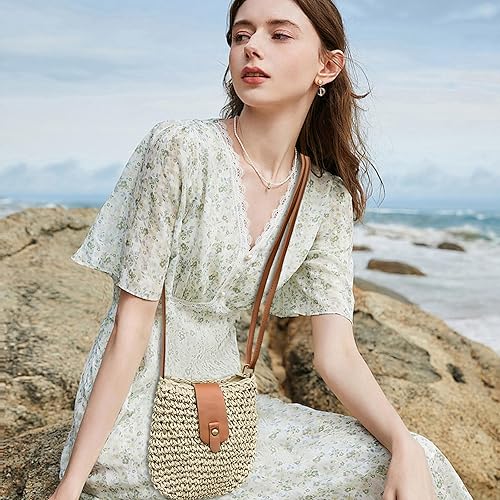 Piccola borsa a tracolla in paglia da donna, stile boho, intrecciata a mano, ideale per l'estate, la spiaggia, la spiaggia, le vacanze.