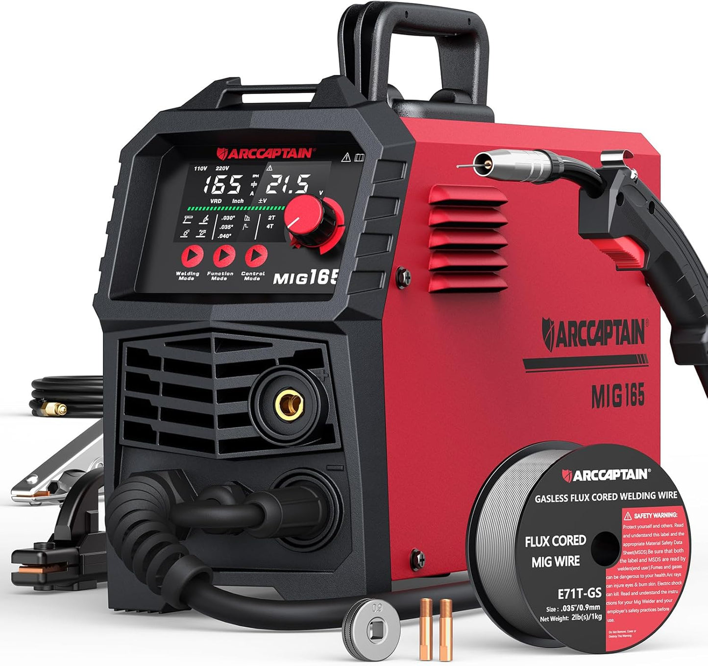 【Double discount】 165A MIG Welder 110V/220V [Large LED Display] 4 in 1 Gasless/Gas MIG/Lift TIG/Stick Welding Machine Multiprocess Welder Machine, IGBT Inverter Welder with Synergy, 2T/4T